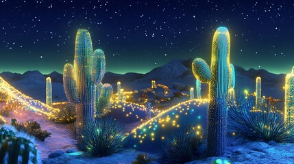 Fototapeta premium Luminous Desert Night: Enchanting Saguaro Cacti Illuminated Under a Starry Sky