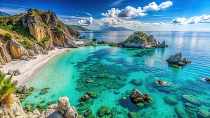 Panoramic rocky cliff landscape with crystal clear turquoise waters and white sandy beach at Capo Vaticano in Calabria Italy, scenic landscape, outdoor adventure