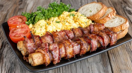 Crispy Bacon Bundles Served with Fluffy Scrambled Eggs on Rustic Wooden Table
