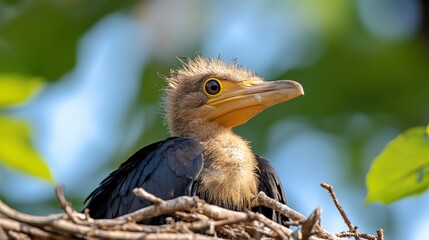 Fototapeta premium Young Cormorant Chick Nestling In A Nest