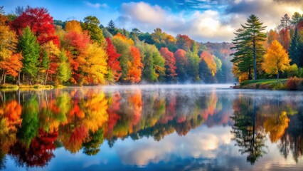 Fototapeta premium A serene and peaceful autumn landscape with vibrant leaves reflected beautifully in a still lake, surrounded by tall trees and a soft misty atmosphere , fall foliage, water