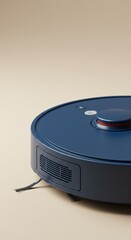 Fototapeta premium Modern blue robotic vacuum cleaner on minimalist beige background