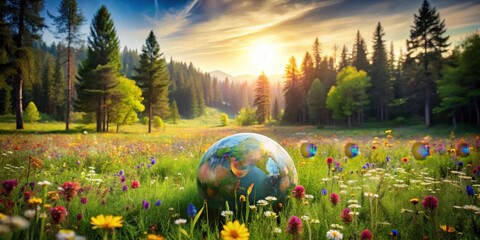 A globe sits at the center of a lush green meadow surrounded by vibrant wildflowers and tall trees on Earth Day, environment, earth day