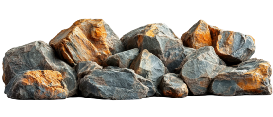 An expansive arrangement of massive, rugged rocks isolated on white background. Suitable for marketing or business purposes. PNG file
