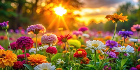 Obraz premium Colorful flowers blooming in a garden at sunset, garden, bloom, garden, bloom, colorful, outdoor, blossom,vibrant colors, nature