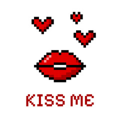 Obraz premium Vector illustration of a poster with red pixelated lips, hearts and the inscription 