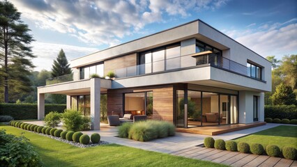 Modern two-story house with large windows and a flat roof in the countryside, garden, country home