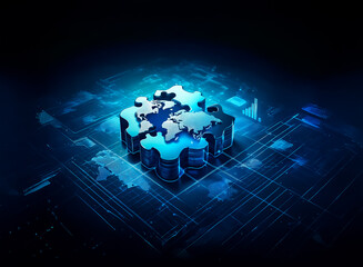 World map formed by puzzle pieces sits on a blue tech platform with circuit lines, symbolizing global network and technological connections.