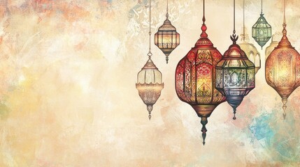 Hanging arabesque lamps with intricate tracery on textured backdrop