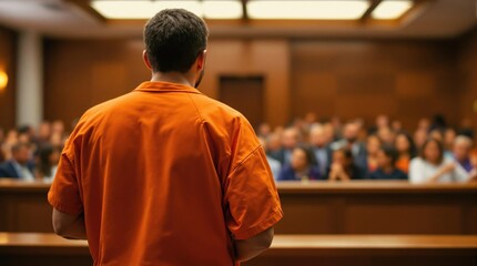 Inmate in orange jumpsuit facing courtroom audience during trial proceedings