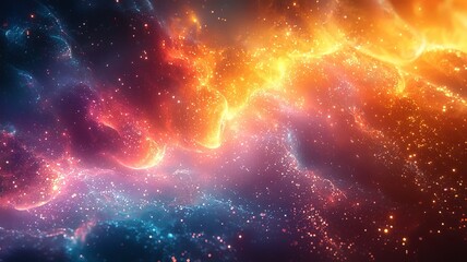 Naklejka premium Vibrant cosmic nebula with swirling colors of orange, blue, and purple, creating a mesmerizing celestial backdrop for space-themed projects.