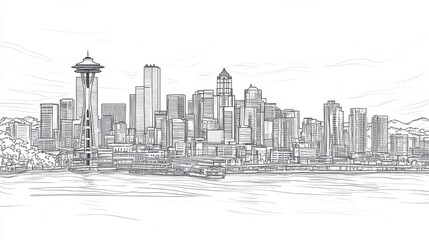 Fototapeta premium Seattle vector line art skyline illustration