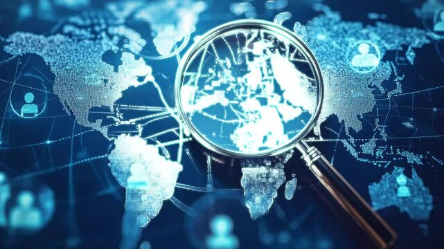 Magnifying glass search in futuristic world map, symbolizing global reach and multi-language capabilities. 