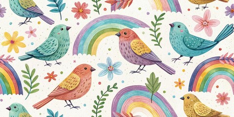 Rainbow Bird Scrapbook, Aerial View, Organic Illustration, Colorful Avian, Fantasy Bird Art