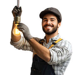 Happy Electrician Installs Bulb, Smiling Brightly Against Black Background.