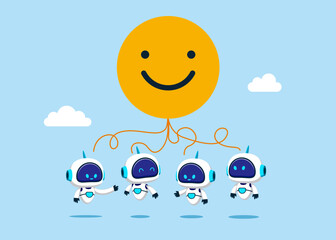 Positive robots are worth under smiling face symbol think plan. Work motivation. Employee happiness, job satisfaction, company benefit, positive attitude. Vector illustration