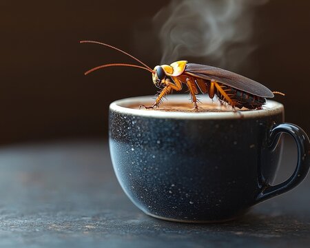 Cockroach Perched on the Edge of a Steaming Cup of Coffee with Its Tiny Reflection Visible Below
