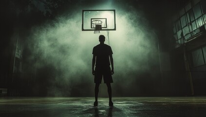 Back view of a male basketball player standing alone on a smoky basketball court at night facing the basketball hoop