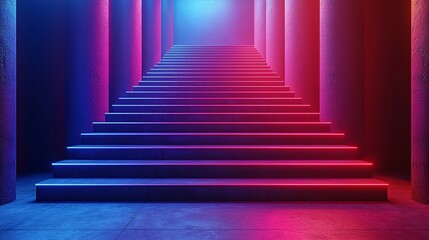 Neon-lit stairs in a futuristic corridor.