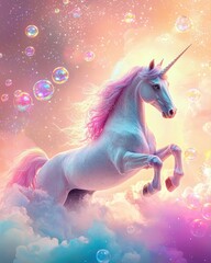 Naklejka premium A whimsical pastel rainbow unicorn background, Majestic Unicorn Galloping Through Clouds Dreamy Landscape Digital Art