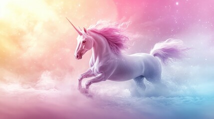 Naklejka premium A whimsical pastel rainbow unicorn background, Magical Unicorn Galloping Through Misty Fantasy Landscape at Dawn