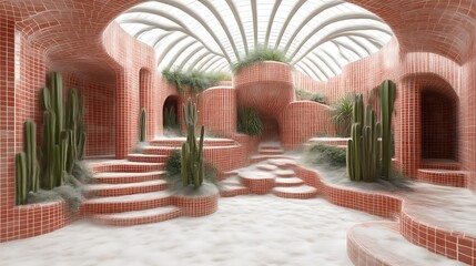 Obraz premium Red tiled indoor garden with cacti and curved architecture