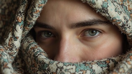 Mysterious womans eye peeking through tapestry hole evoking intrigue and elegance