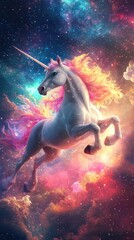 Naklejka premium A whimsical pastel rainbow unicorn background, Majestic Unicorn Soars Through Cosmic Skies Fantasy Art Digital Dreamlike