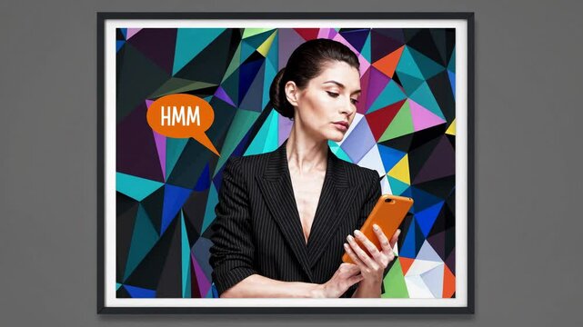 Businesswoman is thinking hmm while reading a smartphone message on a colorful geometric background, expressing doubt and uncertainty in modern communication
