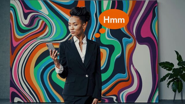 Pensive businesswoman wearing a suit and holding a smartphone, standing in front of a colorful abstract painting and thinking hmm in an art gallery