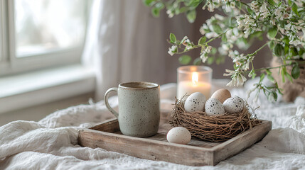 Still life with speckled eggs, flowers, candle, and a mug on a wooden tray, against a white background.