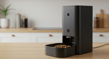 Automatic pet feeder dispenser on kitchen counter with food bowl
