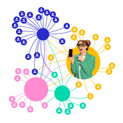 Woman in green blazer pointing at smartphone amid colorful interconnected network bubbles. Digital...