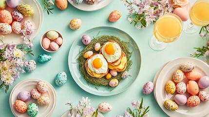 A festive Easter brunch featuring Eggs Benedict, a mimosa, and a decorative nest of pastel-colored chocolate eggs scattered around the table