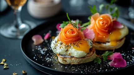 Obraz premium A fine-dining inspired breakfast setting featuring Eggs Benedict with smoked salmon roses, edible gold flakes, and truffle shavings