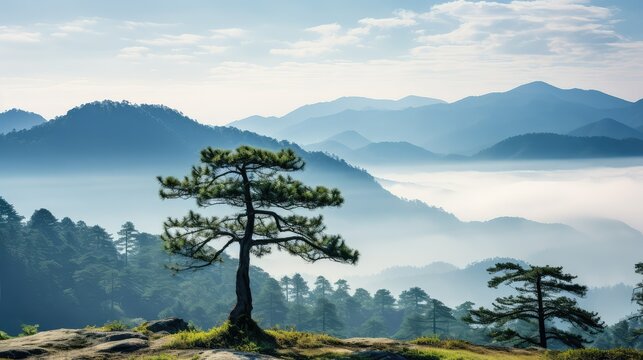 misty pine tree in a forrest