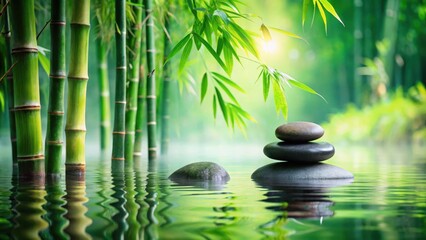 Tranquil Zen stone in calm water surrounded by lush greenery and towering bamboo stalks, reflecting the serene atmosphere of a spa oasis , water, greenery