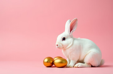 Obraz premium White rabbit sitting next to golden easter eggs on pink background 