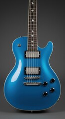 Electric guitar close-up with blue gloss finish and unique inlays