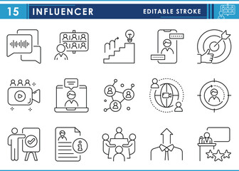 A set of line icons related to Influencer. People, chat, business, talk, influence, learn, knowledge, strategy, development, management, and so on. Vector editable stroke.