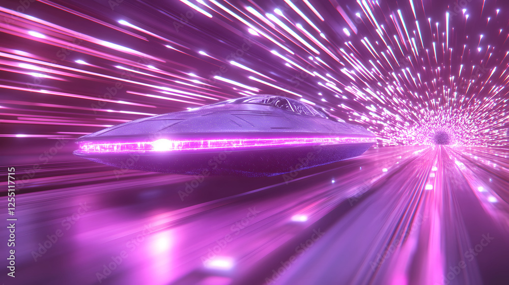 Poster A futuristic spaceship speeds through a vibrant, pink-hued tunnel of light, creating a dynamic sense of motion and energy