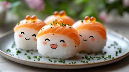 Cute sushi characters with smiling faces, garnished with green herbs, served on a plate, creating an inviting and playful dining experience