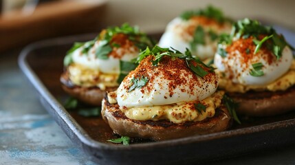 A Moroccan-inspired Easter brunch featuring Eggs Benedict with harissa-spiced hollandaise and a sprinkle of za&rsquo;atar on top