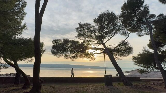 A serene sunset at Park Palih za Slobodu, with a person walking along the waterfront, framed by silhouetted trees against a colorful sky.