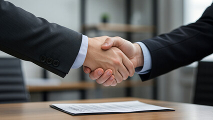 Business handshake over signed contract on desk, close-up. Professional agreement, deal closing, or partnership concept in modern office setting