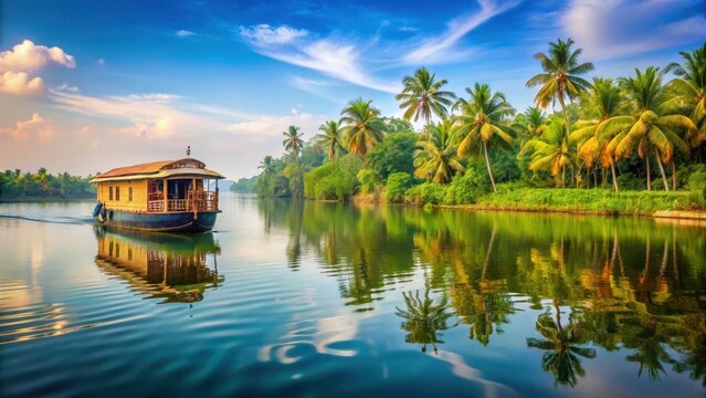 Vessel drifting gently on calm Alappuzha backwaters surrounded by lush greenery and vibrant aquatic life amidst serene water reflections, alappuzha backwaters, water body