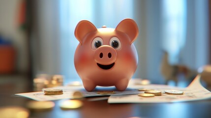 Happy Piggy Bank and Coins: A Savings Goal Achieved