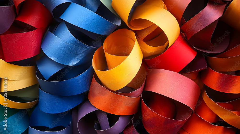 Poster A vibrant collection of curled ribbons in various colors, creating a visually striking and textured pattern