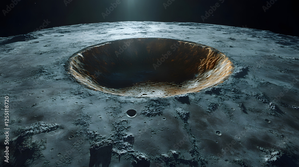 Poster A detailed view of a lunar crater, showcasing rugged terrain and illuminated by soft light, emphasizing the moon's surface features