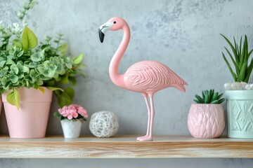 Obraz premium A decorative pink flamingo figurine standing on a wooden shelf with soft pastel decor.